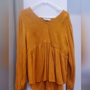Flowy smocked V-neck top mustard color xl